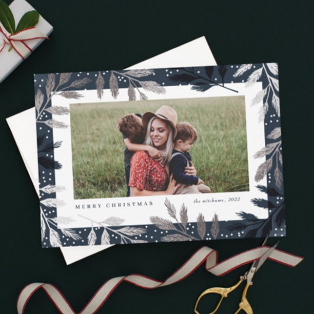 Elegant Silver Branches Photo Christmas Cards (Elegant navy blue and silver foil branch frame photo Christmas holiday magnetic cards.)