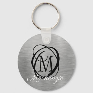 Elegant Silver Brushed Metal Monogram Name Stylish Key Ring