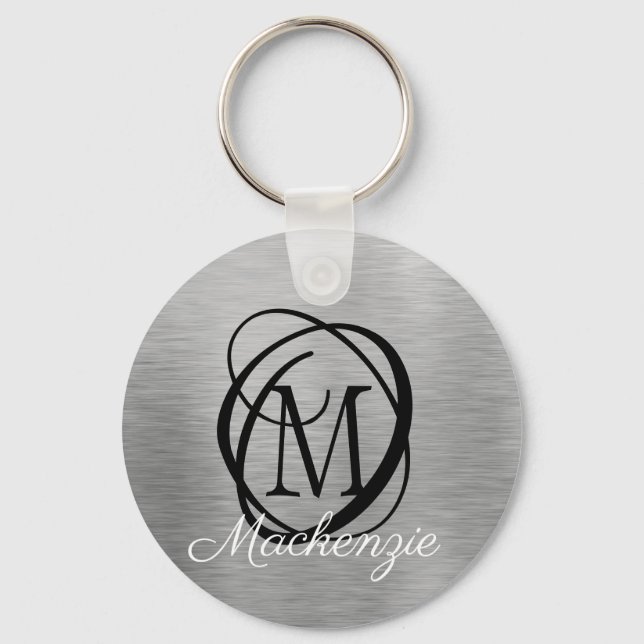 Elegant Silver Brushed Metal Monogram Name Stylish Key Ring (Front)