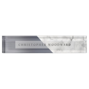 Elegant Silver Brushed Metal White Marble Nameplate