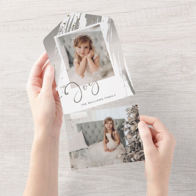 Elegant Silver Brushstrokes w/Joy Script Photo All In One Invitation (Tearaway)