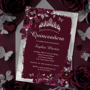 Elegant Silver Burgundy flower Quinceanera