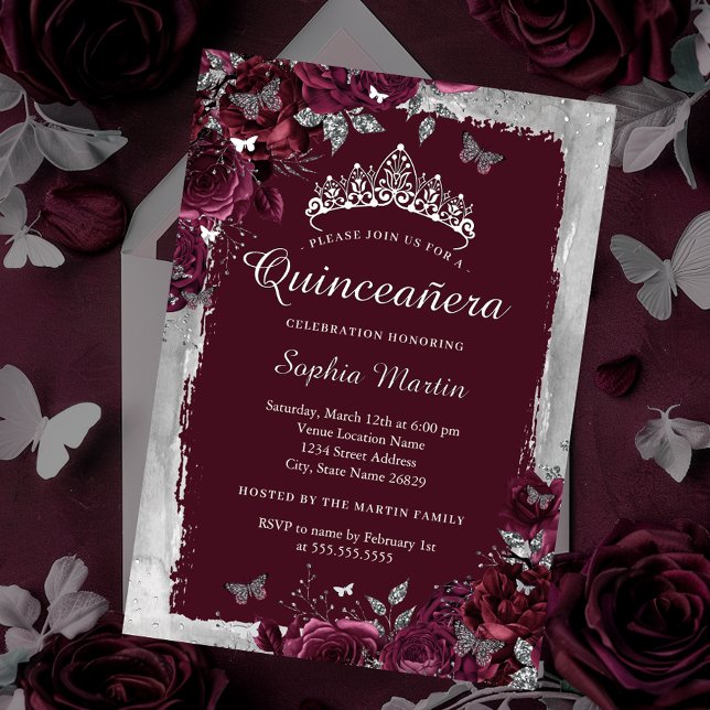 Elegant Silver Burgundy flower Quinceanera  (Creator Uploaded)