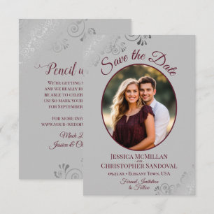 Elegant Silver & Burgundy on Grey Photo Wedding Save The Date