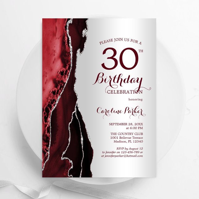 Elegant Silver Burgundy Red Agate 30th Birthday Invitation (Creator Uploaded)