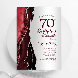 Elegant Silver Burgundy Red Agate 70th Birthday Invitation