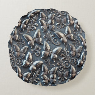 Elegant Silver Butterflies with Ornate Floral Patt Round Cushion