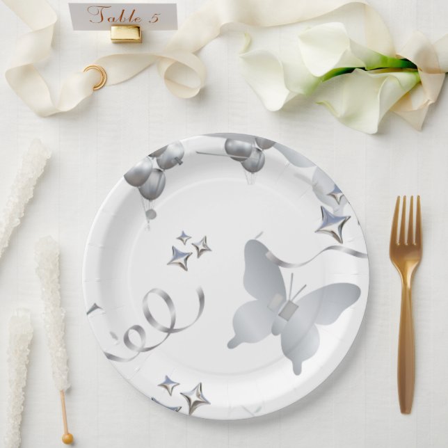Elegant Silver Butterfly Wedding Paper Plate | Min (Wedding)