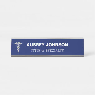 Elegant Silver Caduceus on Navy Blue Desk Name Plate