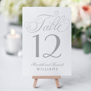 Elegant Silver Calligraphy Script Wedding Monogram Table Number