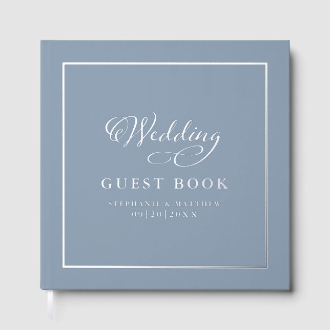 Elegant Silver Calligraphy Wedding Chic Dusty Blue Guest Book (Front)