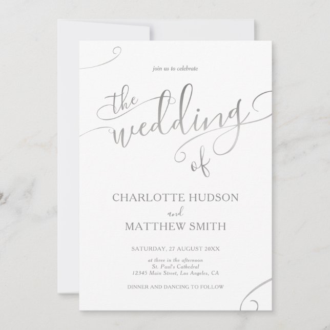 Elegant Silver Calligraphy Wedding Invitation  (Front)