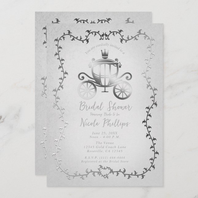 Elegant Silver Carriage Storybook Bridal  Invitation (Front/Back)