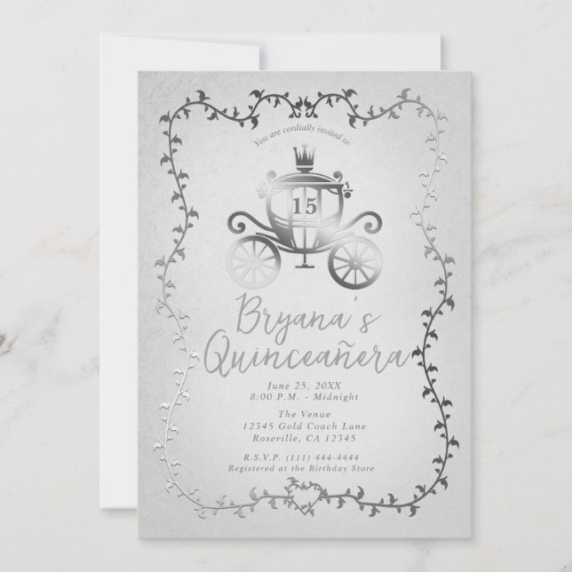 Elegant Silver Carriage Storybook Quinceañera Invitation (Front)