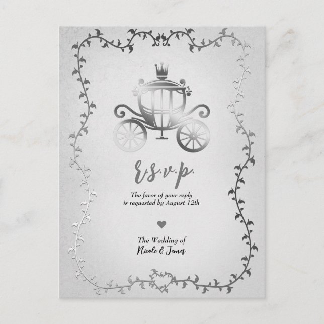 Elegant Silver Carriage Storybook Wedding RSVP Announcement Postcard (Front)