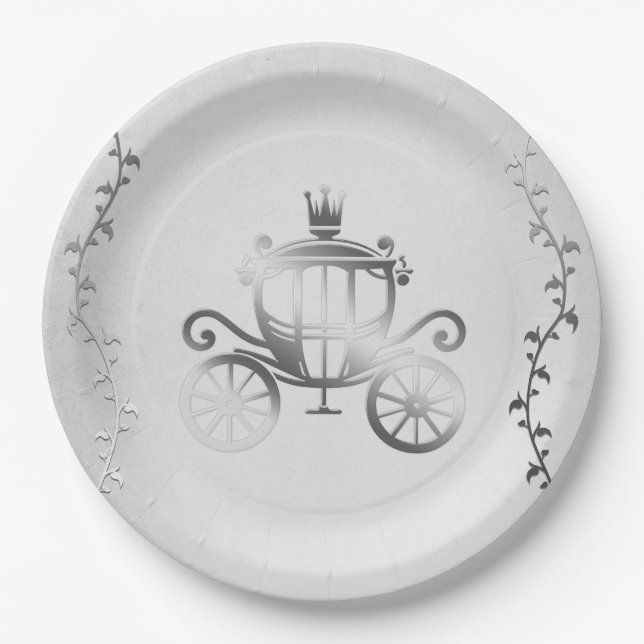 Elegant Silver Carriage White Storybook Royal Paper Plate (Front)