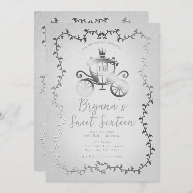 Elegant Silver Carriage White Storybook Sweet 16 Invitation (Front/Back)
