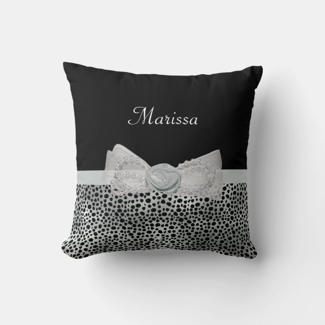 Elegant Silver Cheetah Print Frilly Bow With Name Cushion (Front)