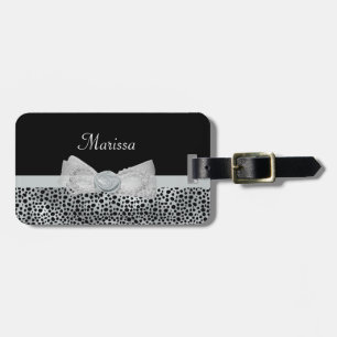 Elegant Silver Cheetah Print Frilly Bow With Name Luggage Tag