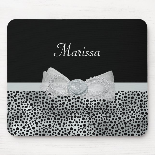 Elegant Silver Cheetah Print Frilly Bow With Name Mouse Pad (Front)