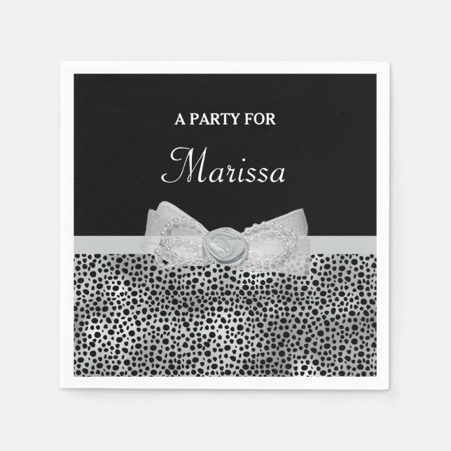 Elegant Silver Cheetah Print Frilly Bow With Name Napkin (Front)