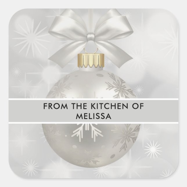 Elegant Silver Christmas Ball on Bokeh Kitchen Square Sticker (Front)
