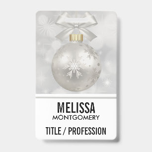 Elegant Silver Christmas Ball on Bokeh Lights ID Badge