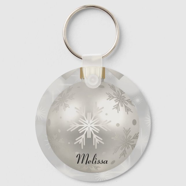Elegant Silver Christmas Ball on Bokeh Lights Key Ring (Front)