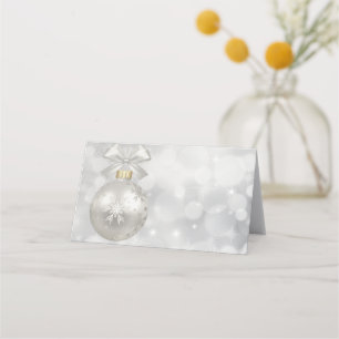 Elegant Silver Christmas Ball on Bokeh Lights Place Card