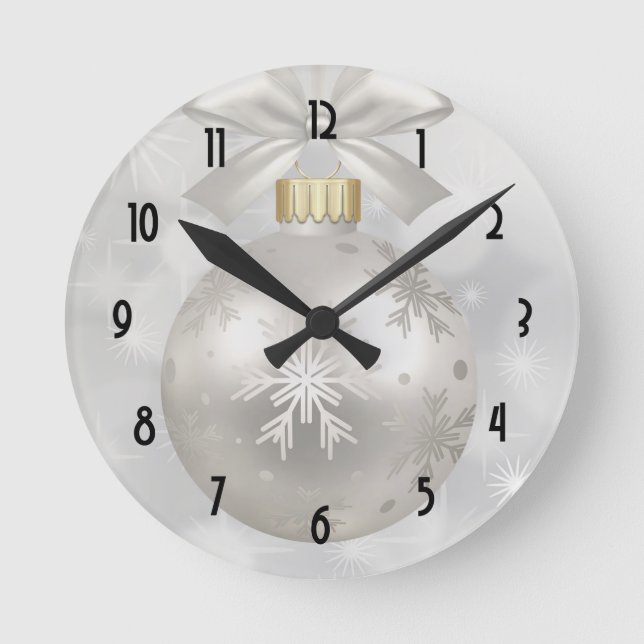 Elegant Silver Christmas Ball on Bokeh Lights Round Clock (Front)