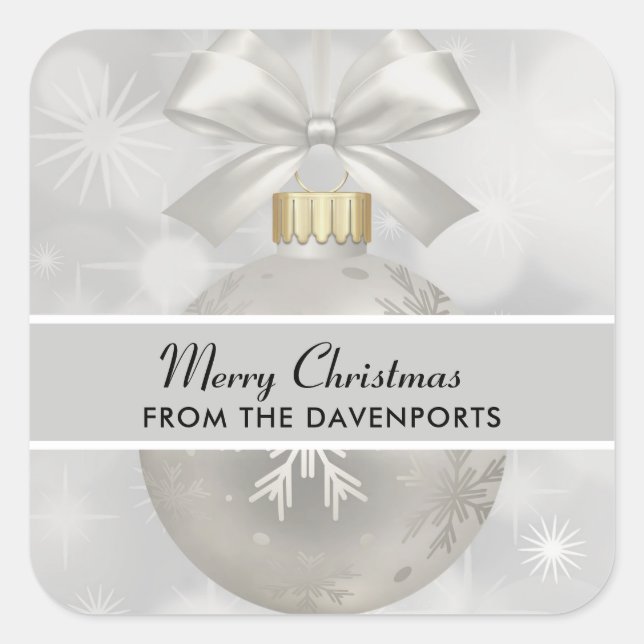 Elegant Silver Christmas Ball on Bokeh Lights Square Sticker (Front)