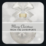 Elegant Silver Christmas Ball on Bokeh Lights Square Sticker<br><div class="desc">Stickers with a magical holiday design. Featuring a silver Christmas ball with snowflake decorations and finished off with a pretty silver bow. The background is a silver bokeh lights illustration with elegant stars scattered throughout.</div>