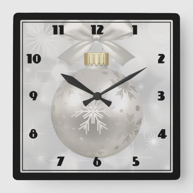 Elegant Silver Christmas Ball on Bokeh Lights Square Wall Clock (Front)