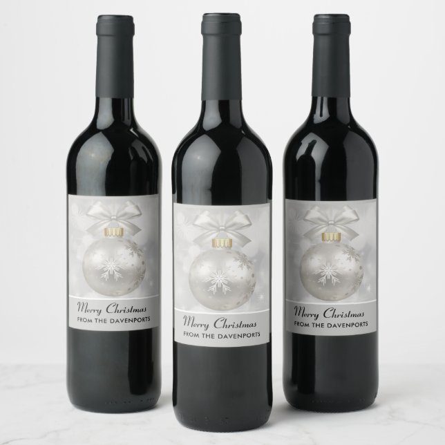 Elegant Silver Christmas Ball on Bokeh Lights Wine Label (Bottles)