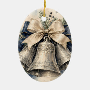 Elegant Silver Christmas Bells Watercolor Ceramic Ornament