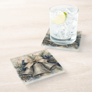 Elegant Silver Christmas Bells Watercolor Glass Coaster