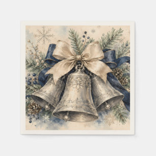 Elegant Silver Christmas Bells Watercolor Napkin