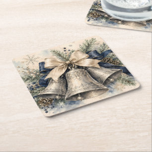 Elegant Silver Christmas Bells Watercolor Square Paper Coaster