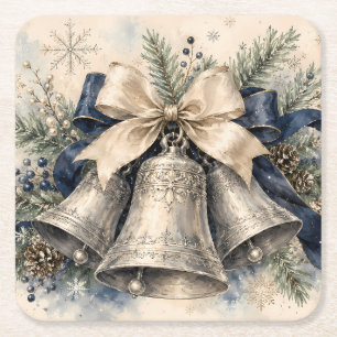 Elegant Silver Christmas Bells Watercolor Square Paper Coaster
