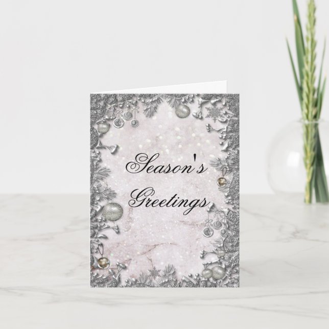 Elegant Silver Christmas Decorations and Glitter Holiday Card (Front)