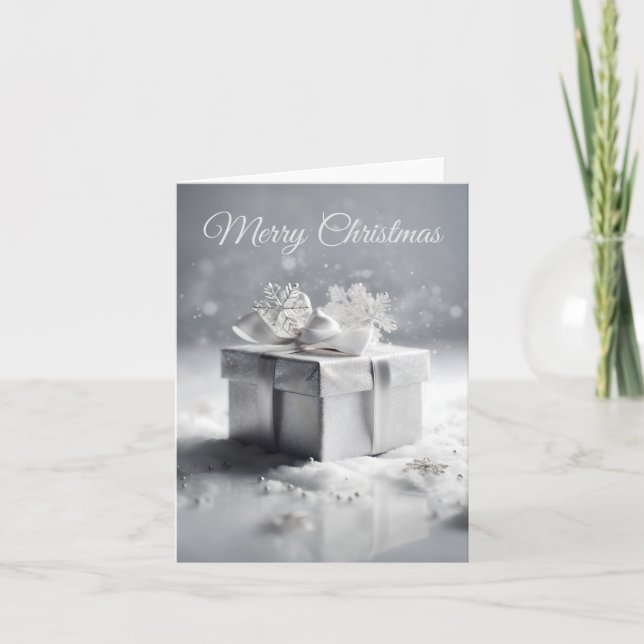 Elegant Silver Christmas Gift Box with Snowflakes  Holiday Card (Front)