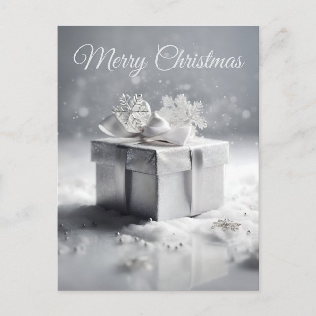 Elegant Silver Christmas Gift Box with Snowflakes  Postcard (Front)