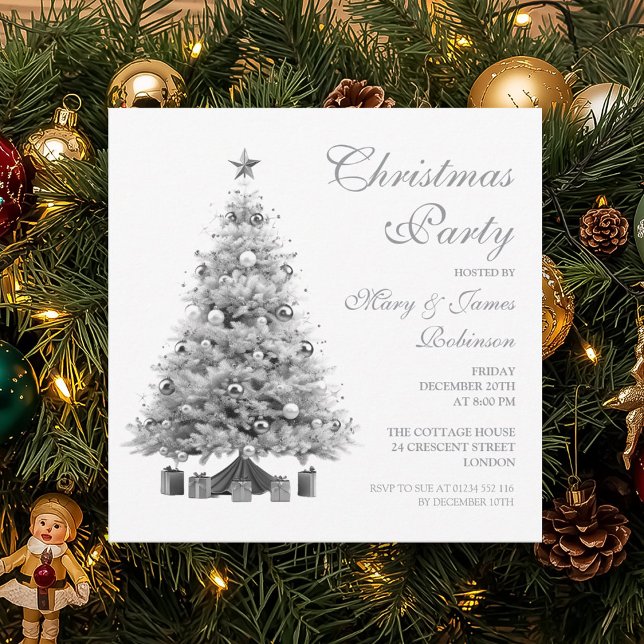 Elegant Silver Christmas Tree Holiday Party  Invitation (Elegant Silver Christmas Tree Holiday Party Invitation)