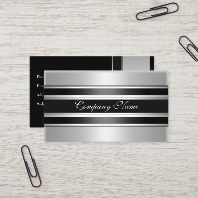 Elegant Silver Chrome Metal Black Business Card (Front/Back In Situ)