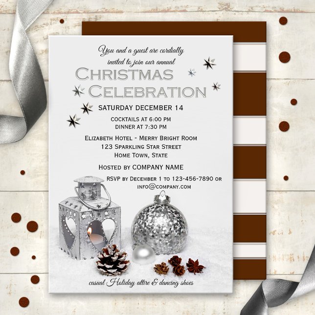Elegant Silver Company Christmas Party Invitation (Christmas Holiday invitation featuring a silver lantern and Christmas ball with pine cone on snow)