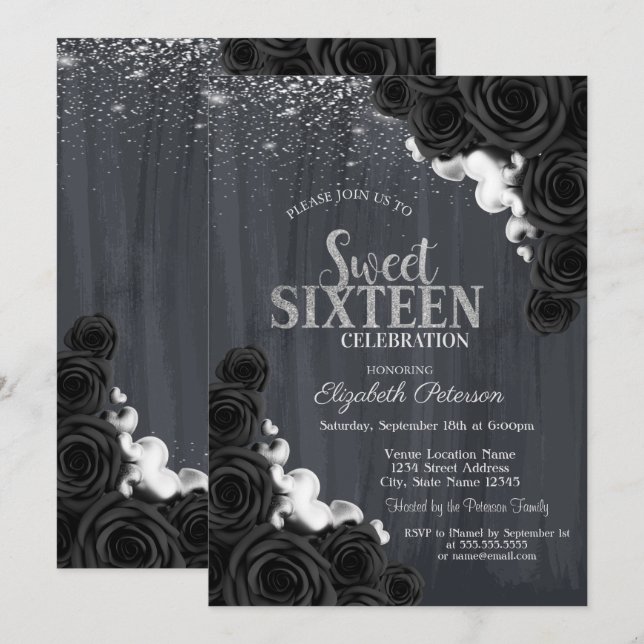 Elegant  Silver Confetti Black Roses Sweet 16 Invitation (Front/Back)