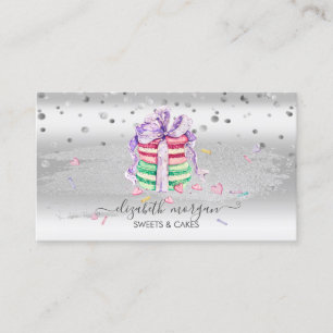 Elegant Silver Confetti,Brush Stroke,Macarons Business Card