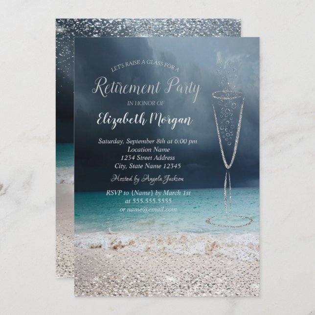 Elegant Silver Confetti Glass Beach Retirement Invitation (Front/Back)
