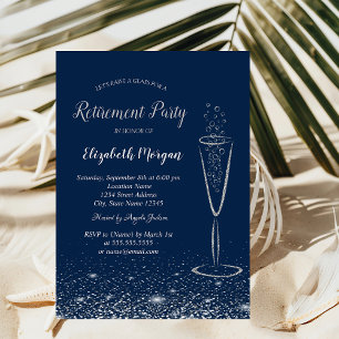 Elegant Silver Confetti Glass Navy Blue Retirement Invitation