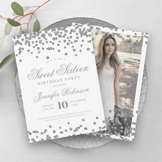 Elegant Silver Confetti Photo Sweet 16   Invitation (Elegant Silver Confetti Photo Sweet 16 Invitation)